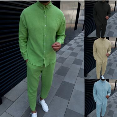 Two Piece Autumn Men's Wrinkled Bubble Casual Suit Sleeved Fashionable Workwear Long Pants_voghion.com