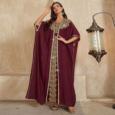 Muslim Applique Elegant Cardigan Robe Fashionable Ice Silk EthnAic Style Dress_voghion.com