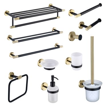 Brushed Gold + black cross-border towel rack towel bar tissue rack clothes hook toilet brush soap pot bathroom pendant suit_voghion.com