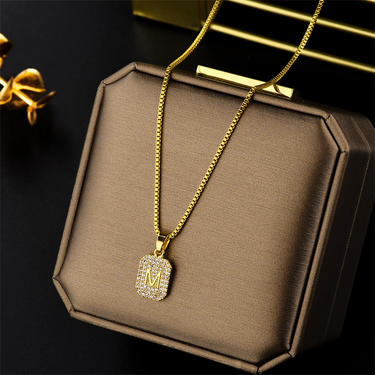 Exquisite Flash Diamond Pendant Necklace Women;s Titanium Steel Design M Letter Necklace Temperament Elegant Net Red Clavicle Chain Jewelry_viptrois.com