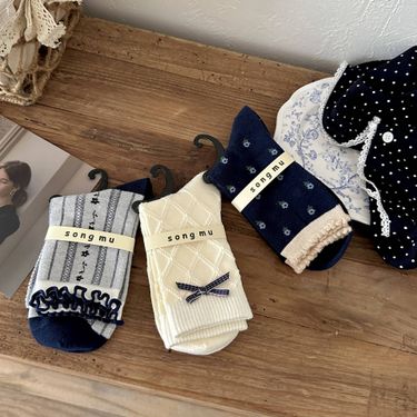 Songmu Light Retro Navy Blue "bow Knot Korean Socks Women's Mid Tube Socks Designer Pure Cotton Socks_voghion.com