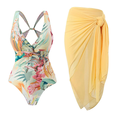 2023 New One Piece Swimwear Women's Conservative Slim Printing with Steel Tray Hard Wrap Swimwear Mesh Skirt_voghion.com