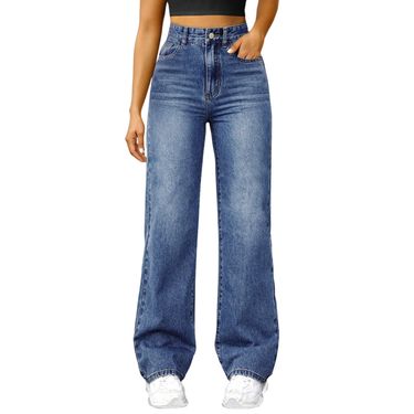 Women's Clothing Casual Straight Jeans Slightly Flared Elastic Waist Denim Jeans_voghion.com