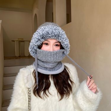 2024 autumn and winter hat scarf integrated thermal hat big head circumference versatile cycling cold protection ear protection knitted pullover hat_voghion.com