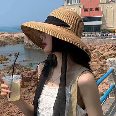 Summer large brimmed French Hepburn style beach foldable and versatile hat, children's sun protection hat_voghion.com