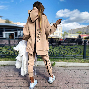 Fashionable Women's Suit Long Zipper Front And Back Letter Print Loose Long Sweatshirt Trousers Suit_voghion.com