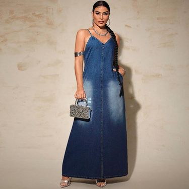 Women's Clothing New Denim Suspenders Long Dress_voghion.com