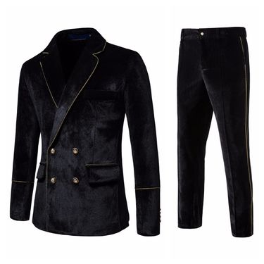 Men's Clothing Suit Set Velvet Gold rimmed Double breasted Suit Dress Performance Set_voghion.com