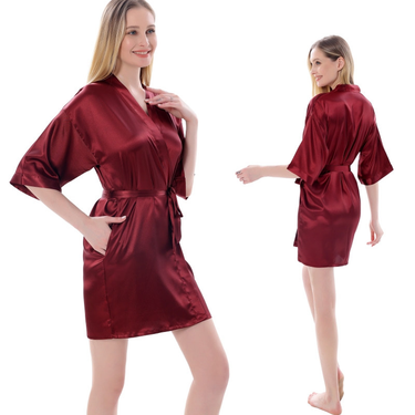 New Elastic Satin Bathrobe Solid Color Sexy Nightgown Plus Size With Pocket Short Bride Morning Robe_voghion.com