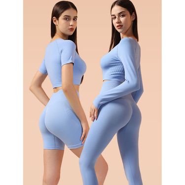 Seamless Pleated Suit Two-Piece For Women Outdoor Fitness High Waist Slimming Tight-Fitting Short-Sleeve Yoga Set_voghion.com