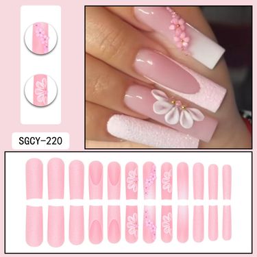 Long Press-on Nails With Floral Design, Sweet & Elegant Fake Nails, Reusable False Nails For Women, Easy To Apply & Remove, No Glue Needed_voghion.com