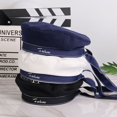 Navy Style Beret Women White Uniform Ribbon Sailor Shooting Stage Performance Crew Hat_voghion.com