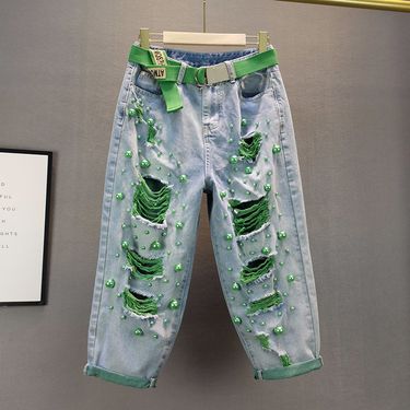 Women's Clothing New Loose High Waist Slimming Heavy Industry Pearl Ripped Beggar Jeans Women's Trendy Pants_voghion.com