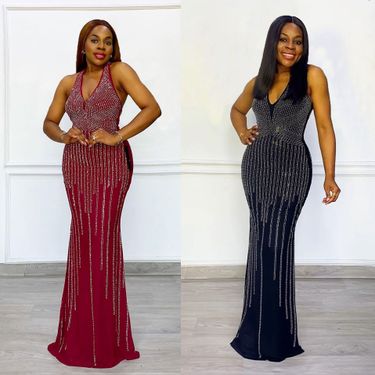 Women’s Clothing sexy slim double sided hot diamond V neck sleeveless waist hip wrapped elastic long dress_voghion.com