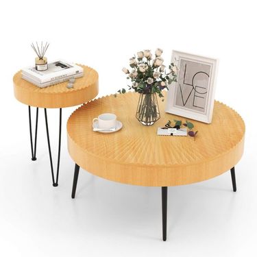 2 Set Of Wooden Coffee Table With Metal Legs And Adjustable Foot Pads_voghion.com
