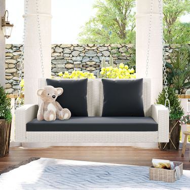 2-Person Wicker Hanging Porch Swing with Chains; Cushion; Pillow; Rattan Swing Bench for Garden; Backyard; Pond. (Brown Wicker; Beige Cushion)_voghion.com