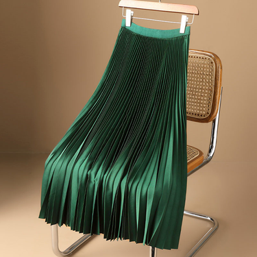 Women's Clothing Solid color high-grade satin pleated skirt large size versatile skirt_viptrois.com