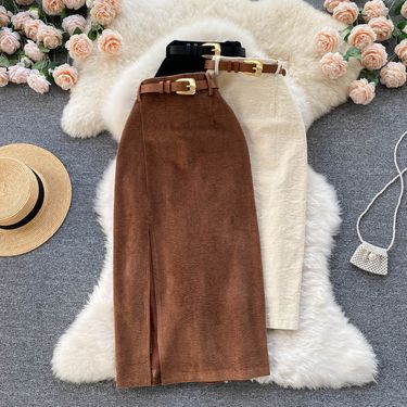 Hong Kong Style Vintage Split Skirt Winter Sweater Mid-length Korean Style Elegant High Waist Slimming Hip A- line Skirt_voghion.com