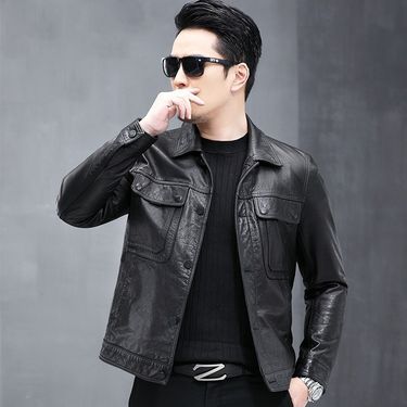 New Haining Genuine Men's First Layer Cowhide Turn-Down Collar Fashionable Motorcycle Short Leather Jacket Autumn Wear_voghion.com