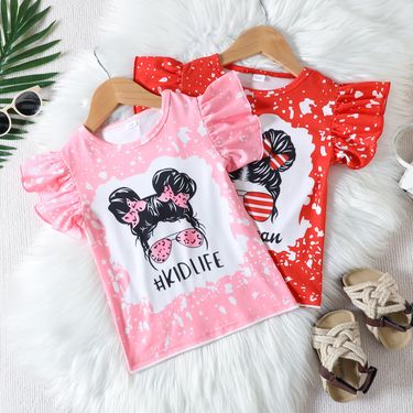 Mother & Kids Girls' Short Sleeve T-Shirt With Letter Print & Flutter Sleeves - Soft Cotton Summer Top For Toddlers & Kids (90-130cm, Pink/Red)_voghion.com