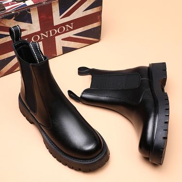 Chelsea Boots Men's Niche Heightened Thick-soled Martin Boots Black Side Zipper High-top Casual Short Boots_voghion.com