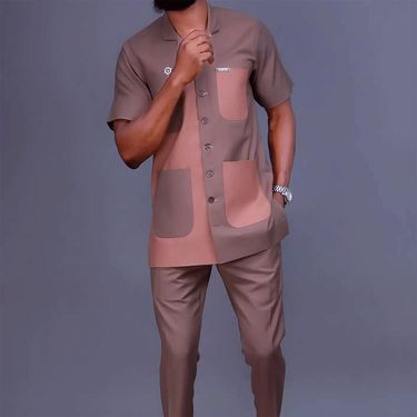 Men's Moslem New Ins Hot Selling Popular Ethnic Style Simple Colorblock Pocket Men's Casual Suit Set_mkmklike.com