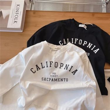 100% cotton children's long-sleeved T-shirt boys' spring and autumn baby undershirt Korean style letter printed top_voghion.com