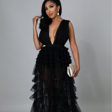 Women's Clothing Temperament Sexy V Neck High Waist Pleated Evening Dress Black Ethnic Style Suspender Long Skirt_voghion.com