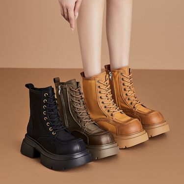 2025 Autumn Winter New Canvas Women's British Style Retro Yellow Genuine Leather Thick Sole Casual Martin Boots_voghion.com