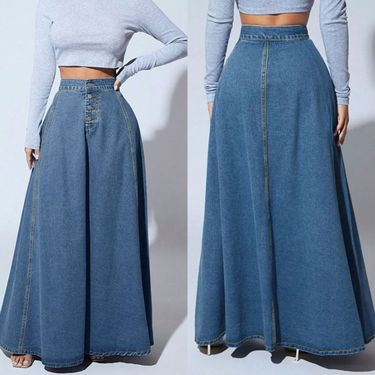 Denim Skirts Women Long Skirt A Line Single Breasted High Waist Jeans Vintage Maxi Simple Casual Elegant Splice Y2k Streetwear_voghion.com