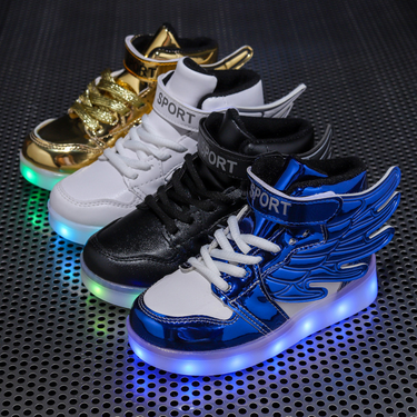 usb charging colorful luminous shoes children's led flash lace lights high top wings boys and girls luminous casual shoes_voghion.com