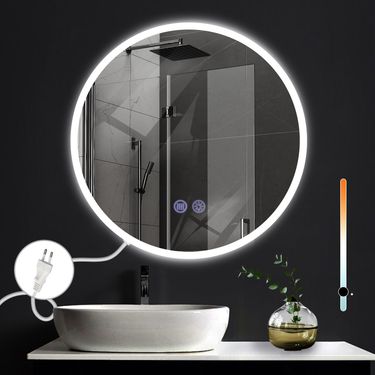 Glitzerlife Badspiegel Mit Beleuchtung - LED Wandspiegel Rund 60cm Badezimmerspiegel Mit Touch-Schalter Und Entfogger-Funktion Lichtspiegel Dimmbar 3000K-6500K_voghion.com