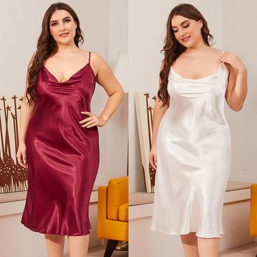 100Kg Plus Size Ice Silk Nightdress Women's Summer One-piece Swinging Collar Suspender Loose Loungewear_voghion.com