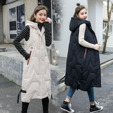 Over-the-knee long cotton coat, long vest for women, autumn and winter new fashion hooded Korean style casual vest jacket_voghion.com