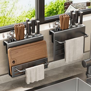 Wall Mounted Knife Holder With Cutting Board Storage, Multi-functional Kitchen Organizer For Knives, Chopsticks, Utensils - Space Saving & Stylish_voghion.com