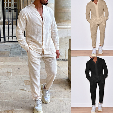 Men's Linen Leisure Suit Long-sleeved Jumpsuit Trousers New Two-piece Suit _mkmklike.com