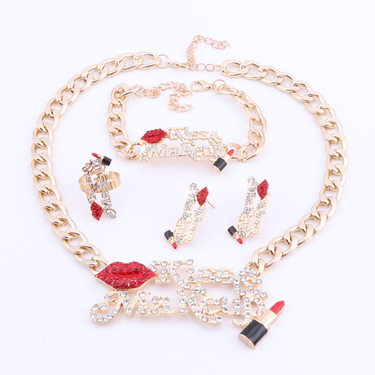 Women Crystal Red Sexy Lip Enameled Lipstick Kiss Make Up Wedding Jewelry Sets For Bride Party Costume Accessories _viptrois.com