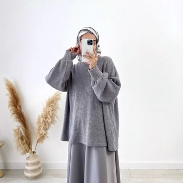 2025 Muslim Women's Clothing Lazy Gray Pullover Knit Top With Flared Skirt Set Fashion_voghion.com