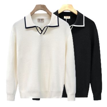 Men's Slim-Fit Color-Block Knit Sweater – Lightweight Business Casual Pullover (S-2XL EU Sizing) | Breathable Polyester Blend In Black/White_voghion.com