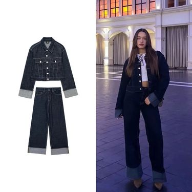 European And American Women's Clothing Hot Selling Denim Jacket Coat Flared Hem Pants Suit_voghion.com