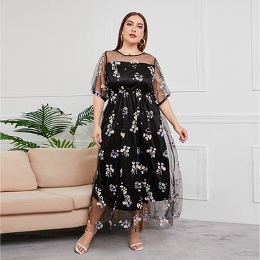 Women's plus size dress evening dress female mesh embroidery banquet party midi dress_voghion.com