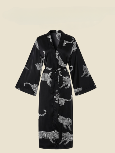French Sexy Light Satin High-End Comfortable Bathrobe Long Sleeve Tie Women's Home Leopard_voghion.com