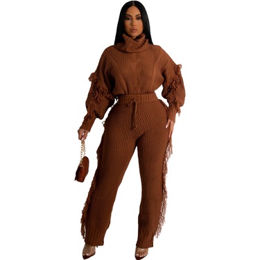 Women's fashion casual solid color knitted long sleeve high neck fringe suit_voghion.com