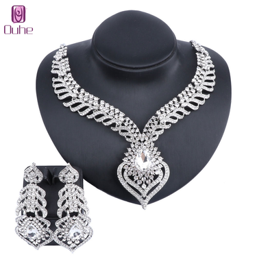 FFashion Crystal Rhinestones Heart Pendant Necklace Earrings For Women Bridal Wedding Party Accessories Jewelry Set_voghion.com