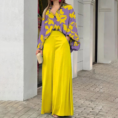 Women's New Fashion Suit Large Size Women's Lapel Shirt Printed High Waist Wide Leg Pants Two-piece Set_voghion.com