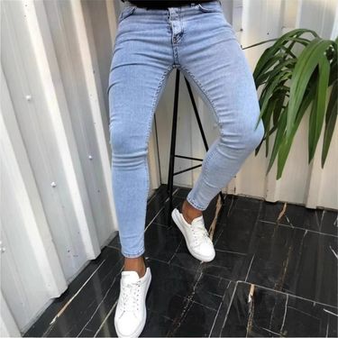 Men's Clothing Men's New Simple Hole Commuter Denim Trousers Slim Fit Slim Feet Trendy Handsome Jeans_ecoleips.com