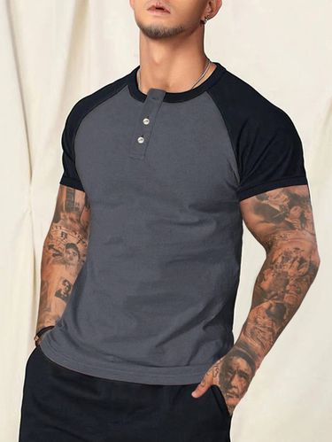 European size new foreign trade slim round neck short sleem color matching personality T-shirt European and American style casual bottoming shirt men_mkmklike.com