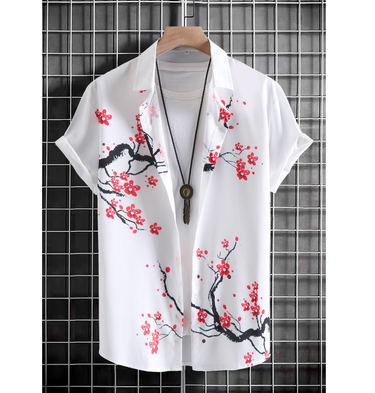 Men's Casual Shirt Plum Blossom Print Short Sleeve Shirt_mkmklike.com
