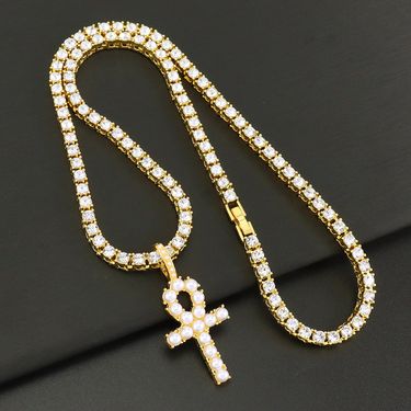 INS Light Luxury Style Pearl Inlaid Ankh Cross Pendant Necklace Full Cuban Single Row Diamond Tennis Chain_voghion.com