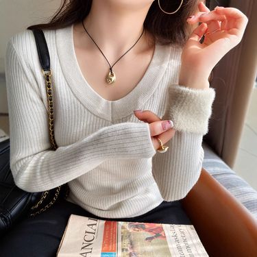 Women's Fleece-Lined Thickened U-Neck Thermal Long Sleeve Turtleneck Knit Sweater For Winter, Slim Fit Warm Layering Top In White, Black & Nude_voghion.com